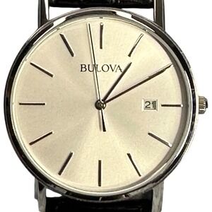 Bulova Classic Mens Watch Silver Dial Date Stainless Steel Black Leather 96B104